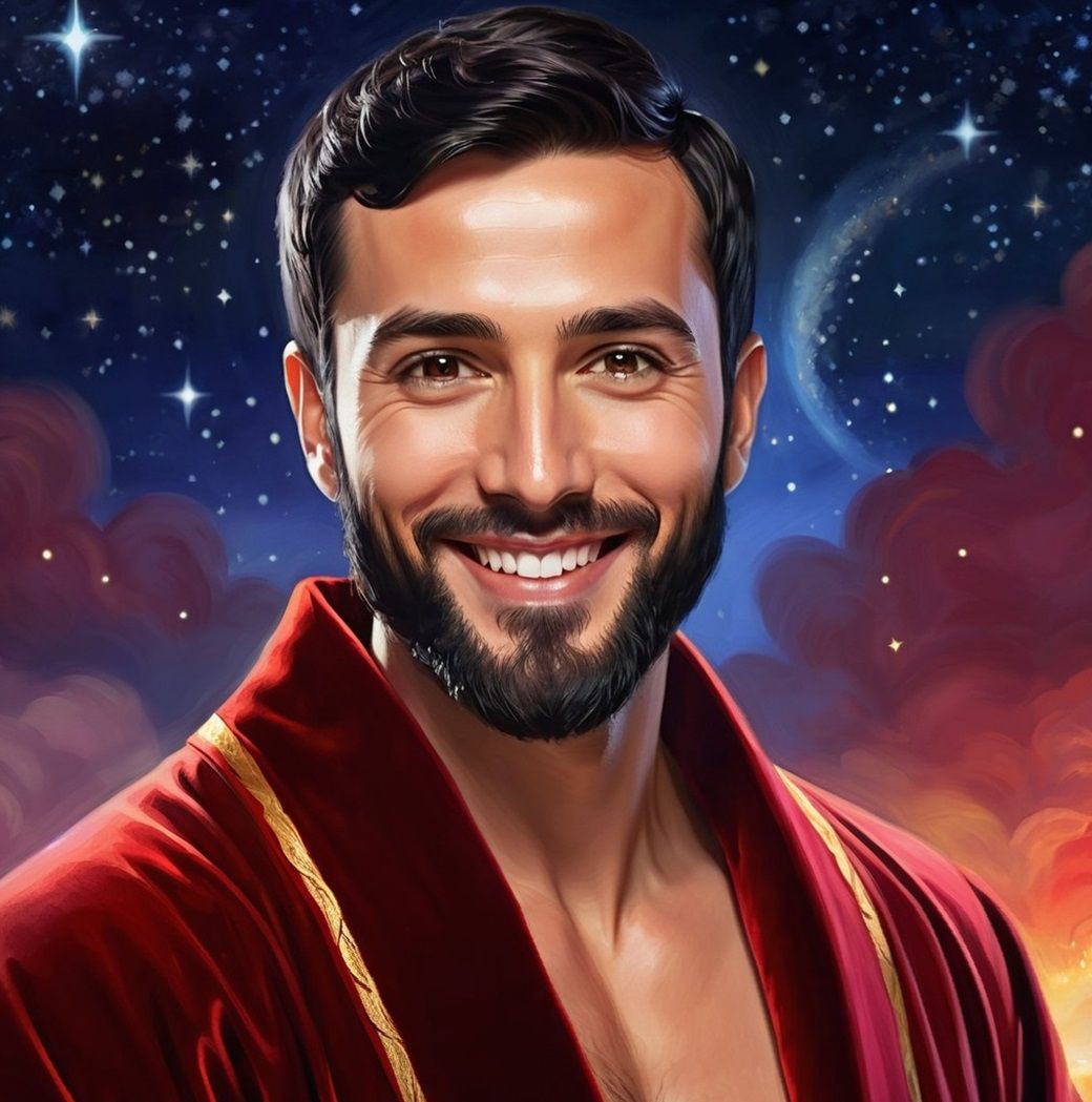 A friendly handsome   man with  black  hair and  beard  wear...