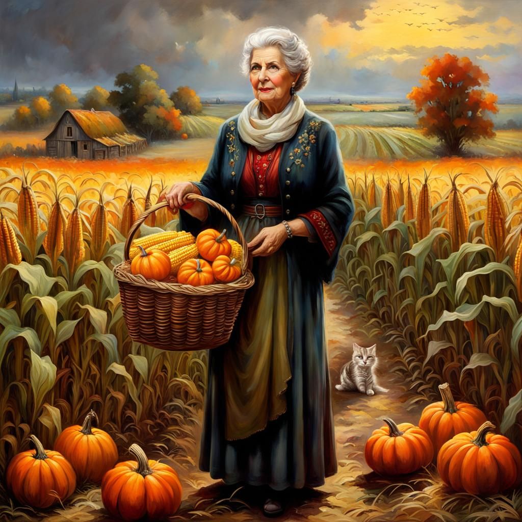 Harvesting pumpkins and corn  by @Asteria