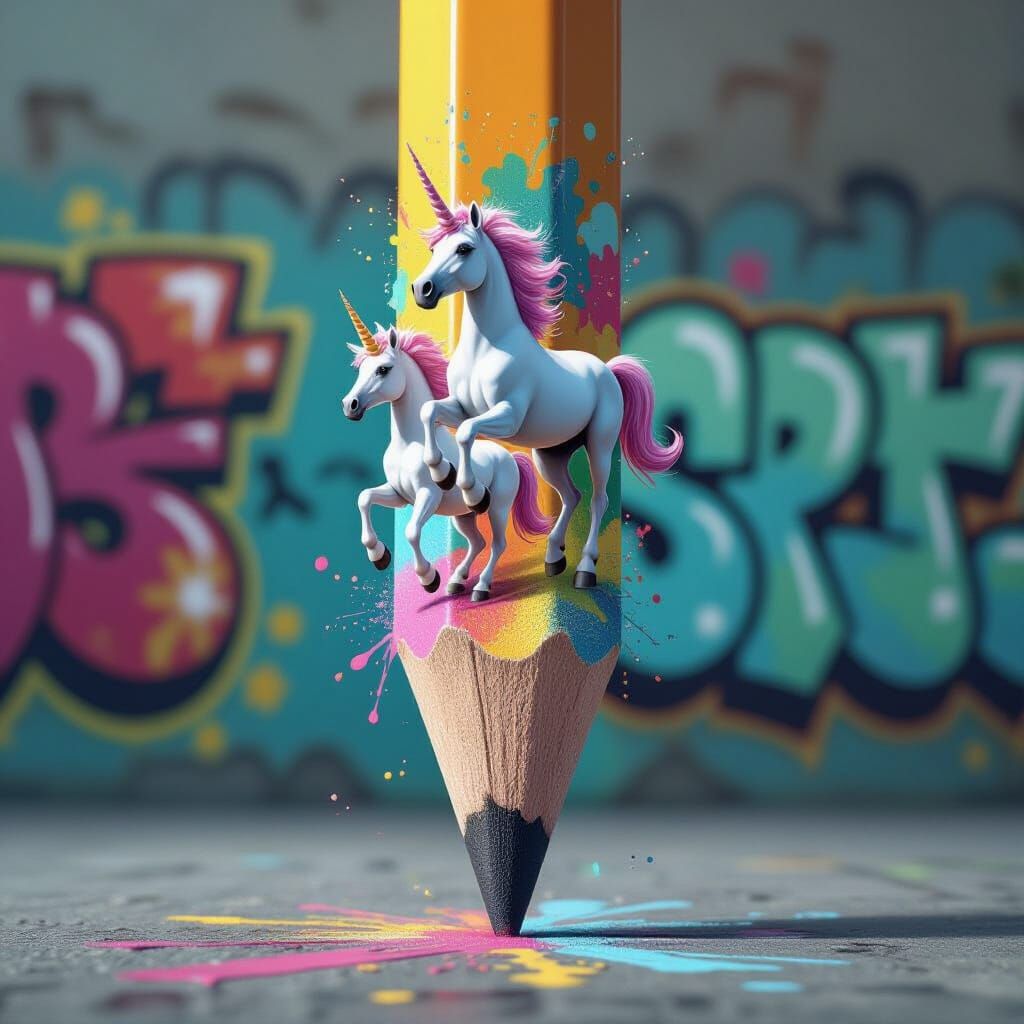 a pencil with animals at the tip of the pencil. Unicorns galop in the pencil