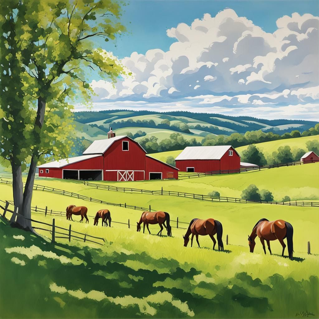 "View from the horse stables as horses graze in the open fie...