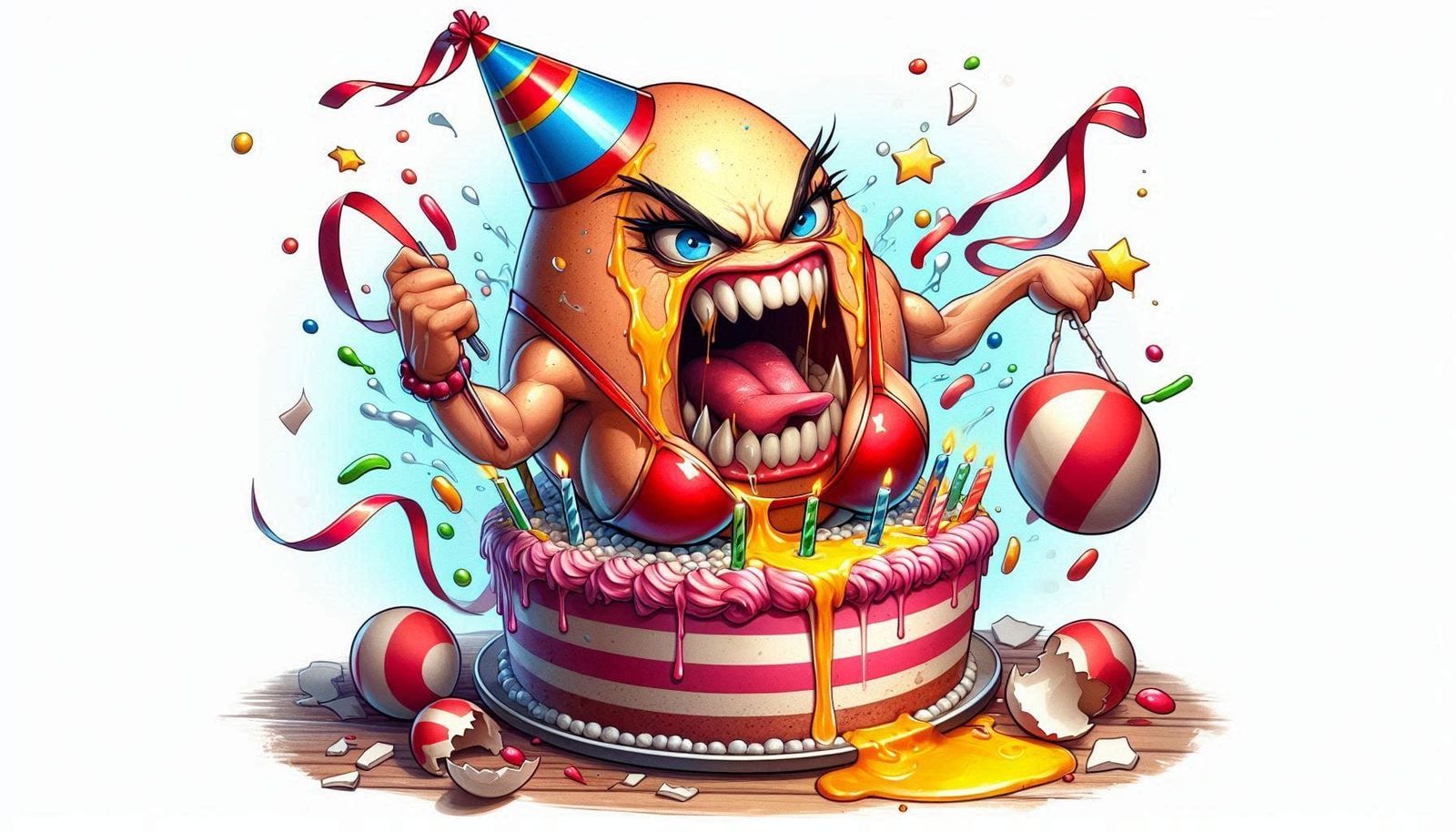 Angry egg bursting out of a birthday cake.