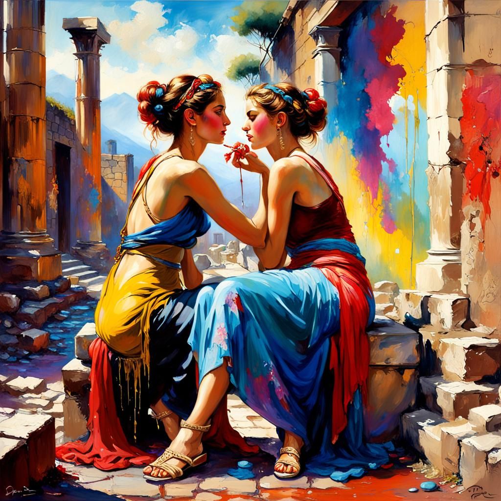 Idyll in Pompeii.
Two women in love, style by Pino Daeni, fu...