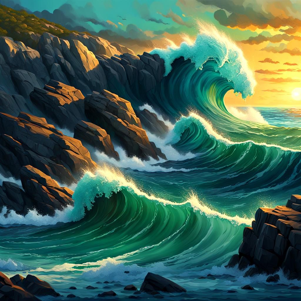 Epic Wave Approaching Rocky Shore: Fauvist Digital Painting