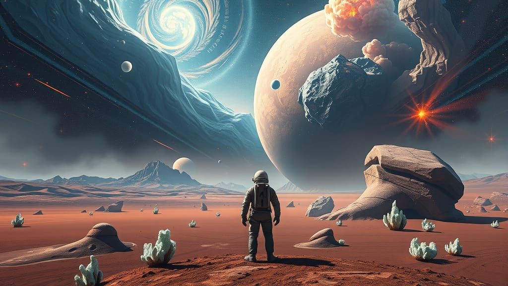 Surrealism. A lone astronaut standing on a vast, alien desert planet, gazing at a sky filled with swirling nebulae and impossible geometric ...
