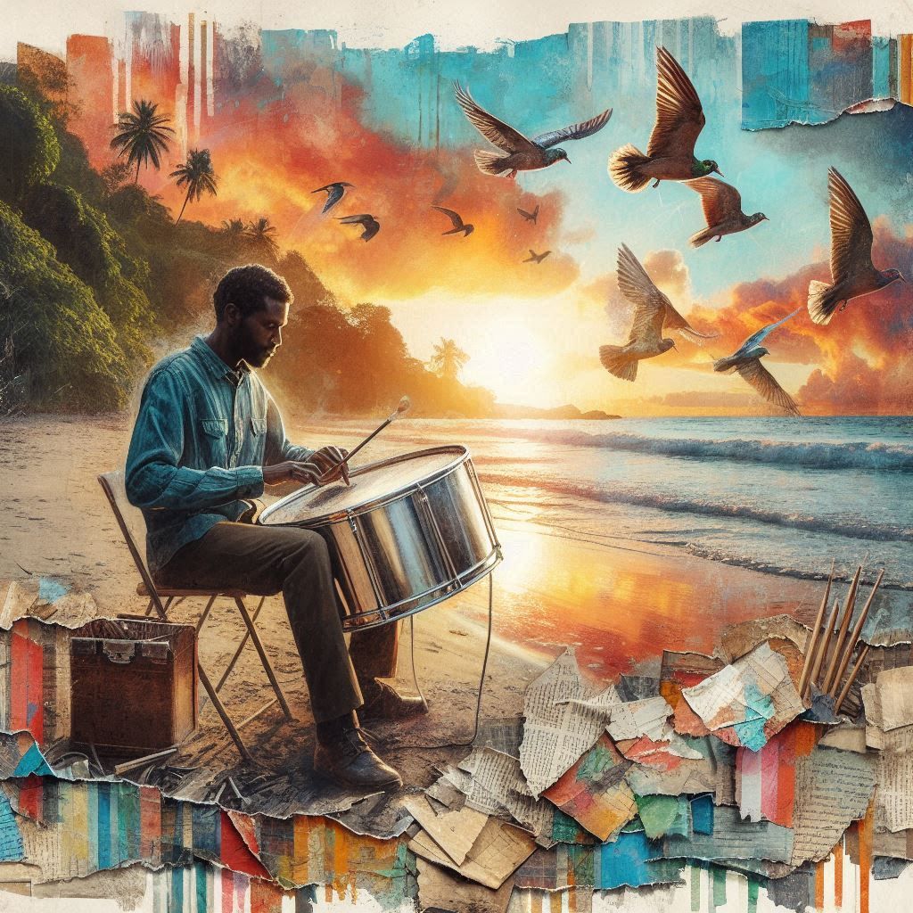 A musician plays a steel drum on a beach at sunset in a mixe...