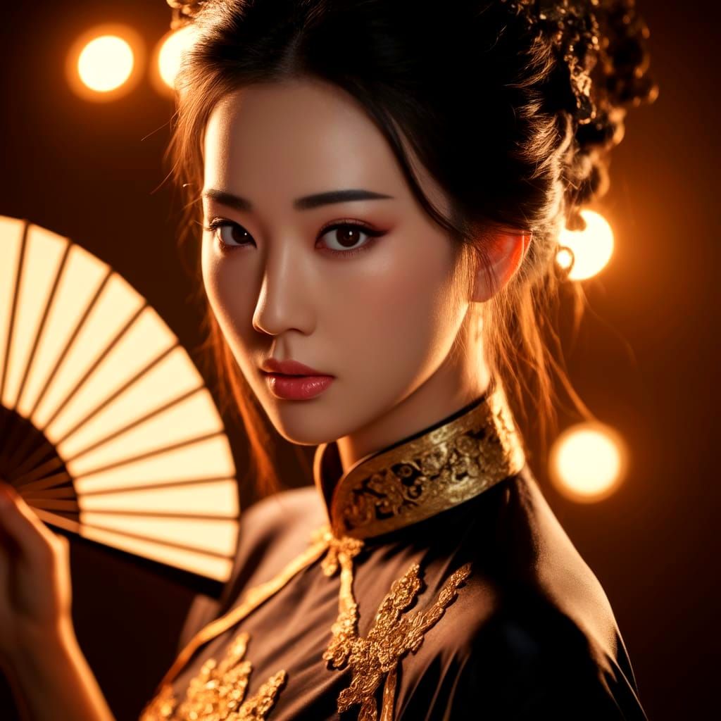 Ethereal Asian Goddess in Traditional Black and Gold Regalia