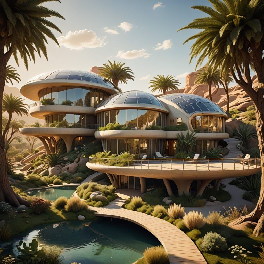 Solarpunk-inspired villa in a desert oasis  by @rachelo