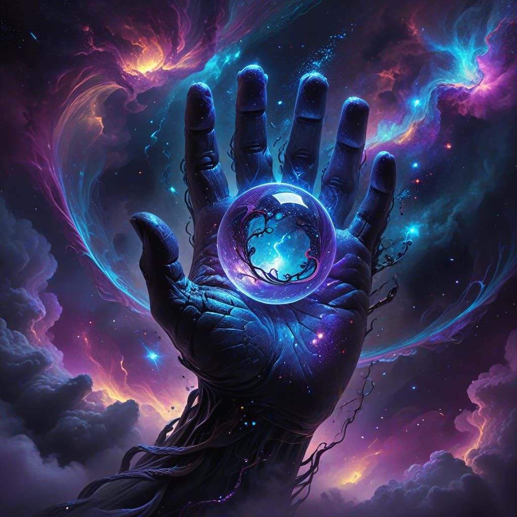 Ancient Stone Hand in Cosmic Nebula Holding Glowing Orb