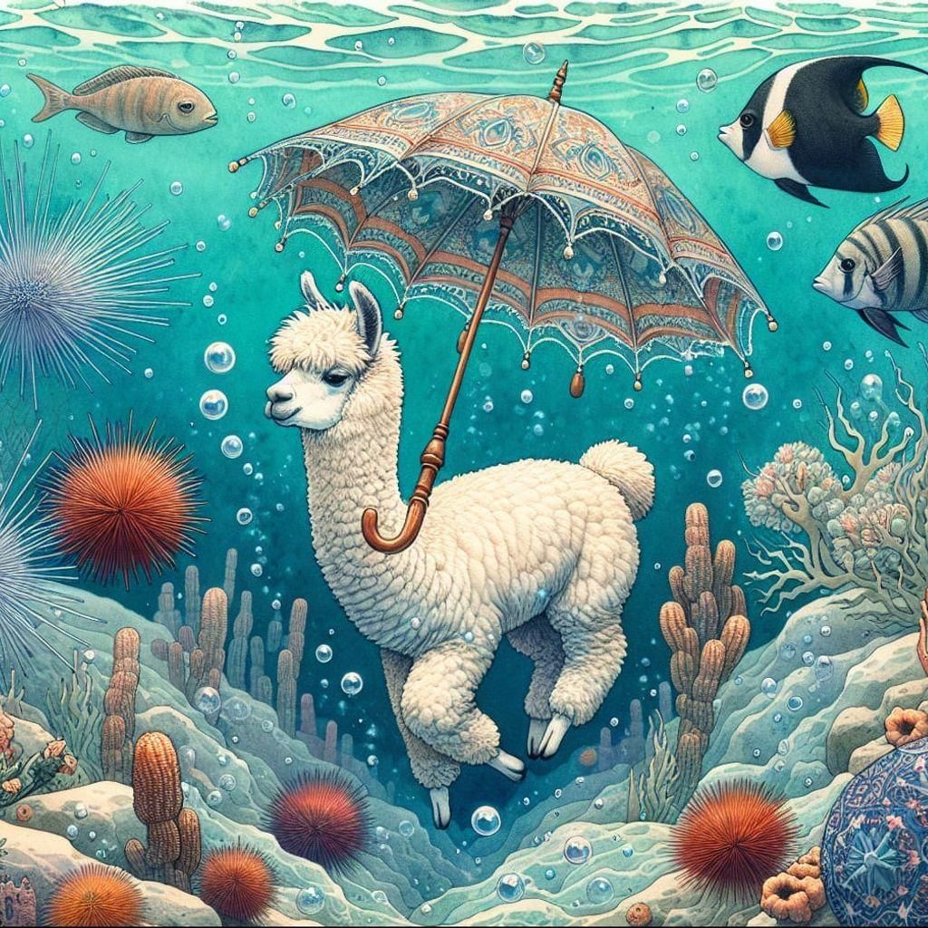 Adorable alpaca ambles underwater using umbrella. Urchins, albacore, angelfish eye all. Effervescent, ...  by @Chimesoftly
