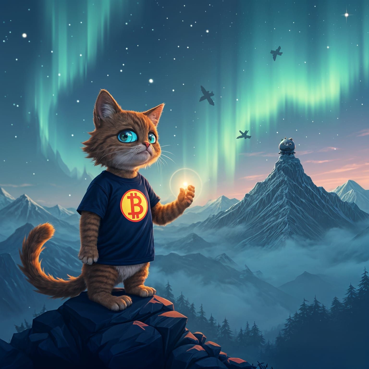 Nft of cat which is at mountains weared bit coin logo t shirt have cartoonish and pixel shape and in its background has that who have power ...