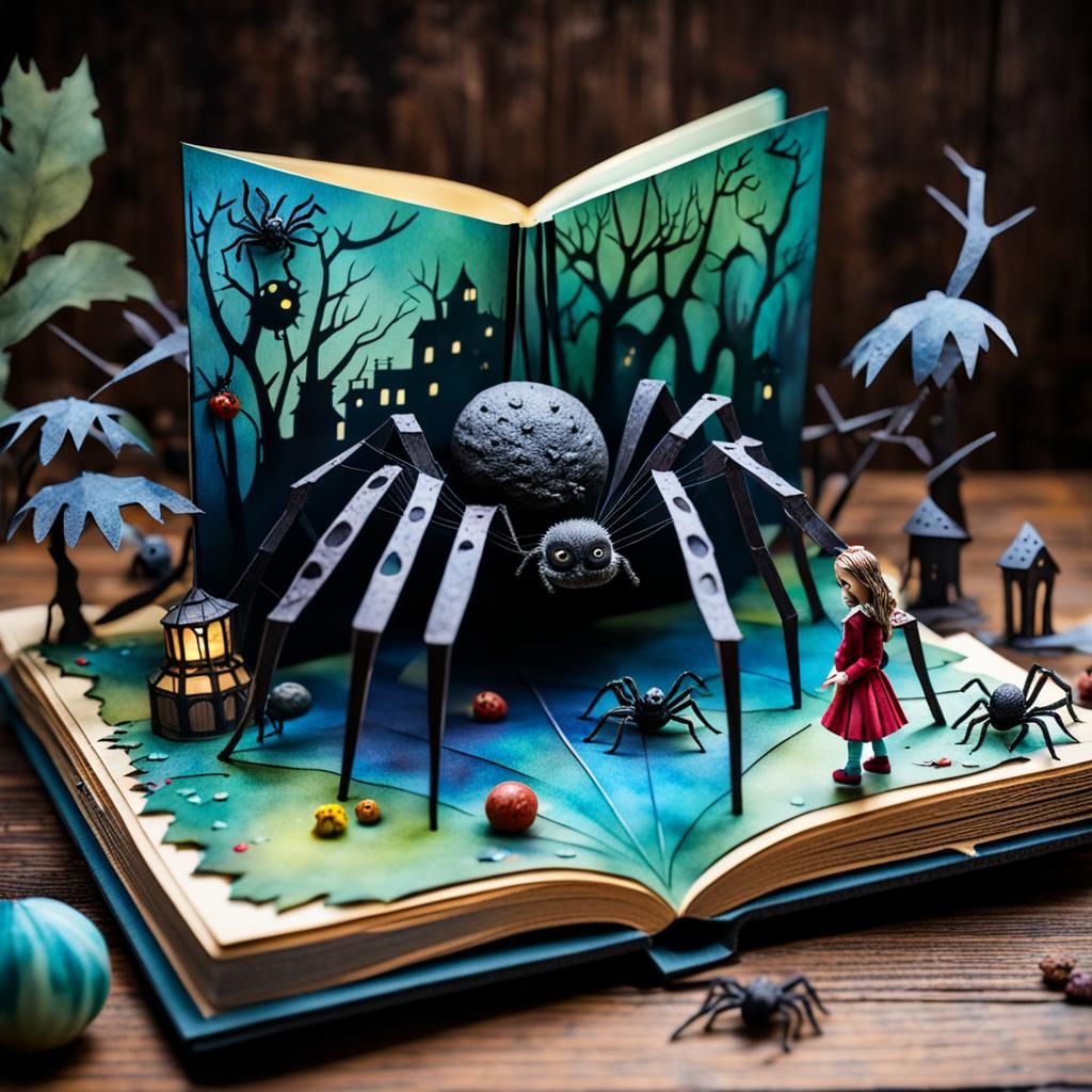 Creepy spider and little girl pop-up book   by @Mommakuma
