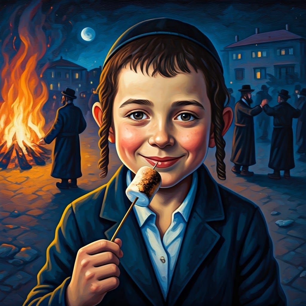 Joyful Hasidim Celebrate at Nighttime Bonfire Gathering in W...