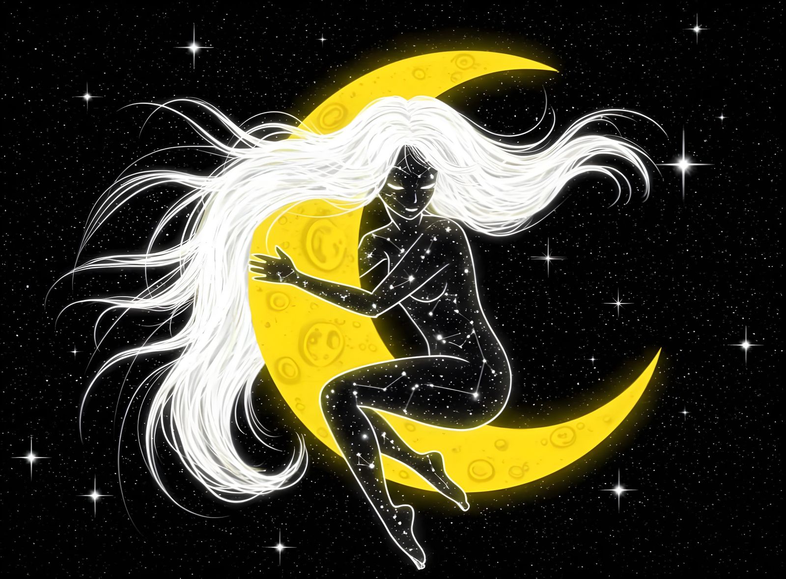 sitting constellation star goddess hugging crescent moon