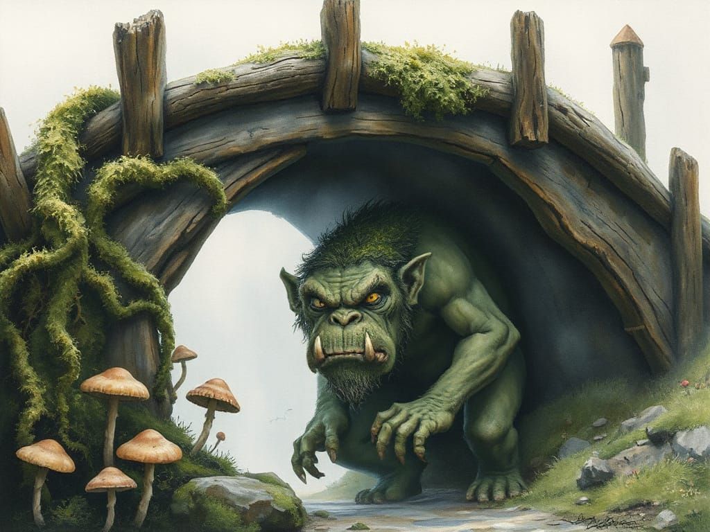 A hunched, moss-covered troll lurking beneath an old wooden bridge, surrounded by mist, mushrooms, and ...  by @Hugo Raul