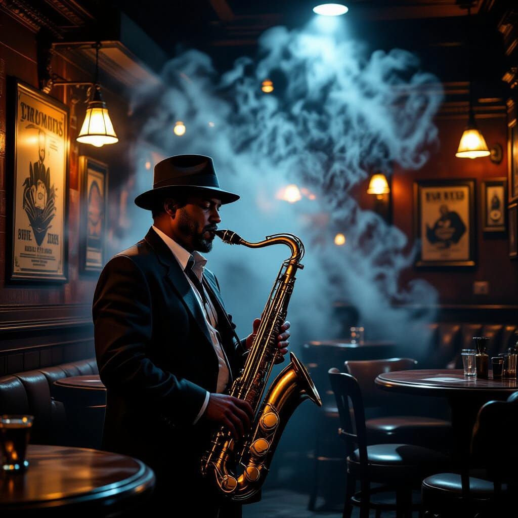 A lone jazz musician plays a mournful tune on his saxophone in a dimly lit speakeasy, his music filling ...  by @Matthew Convento