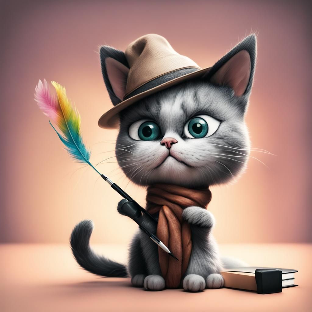 Cute cat holding a feather pen and a note pad in black and w...
