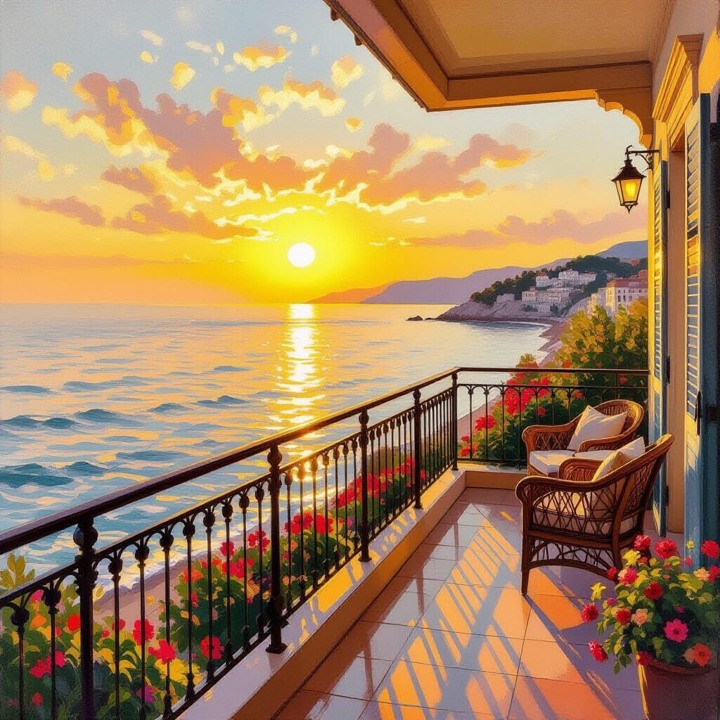 Serene Balcony Ocean Vista at Golden Hour Impressionistic St...