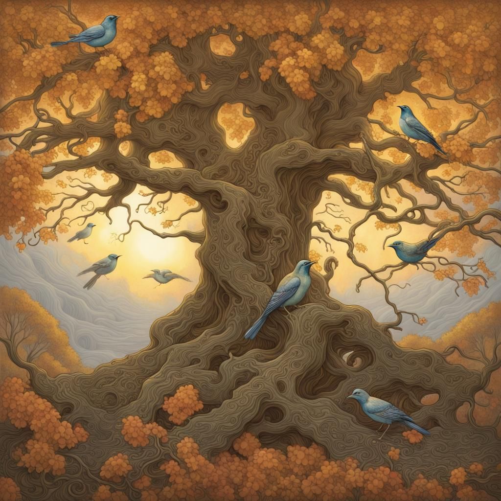 ancient tree with birds in autumn when the sun breaks throug...