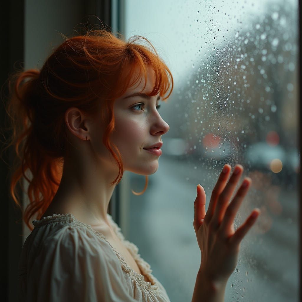 A captivating portrait of a 25-year-old red-haired woman gazing wistfully out of a rain-streaked window, ...  by @Murray
