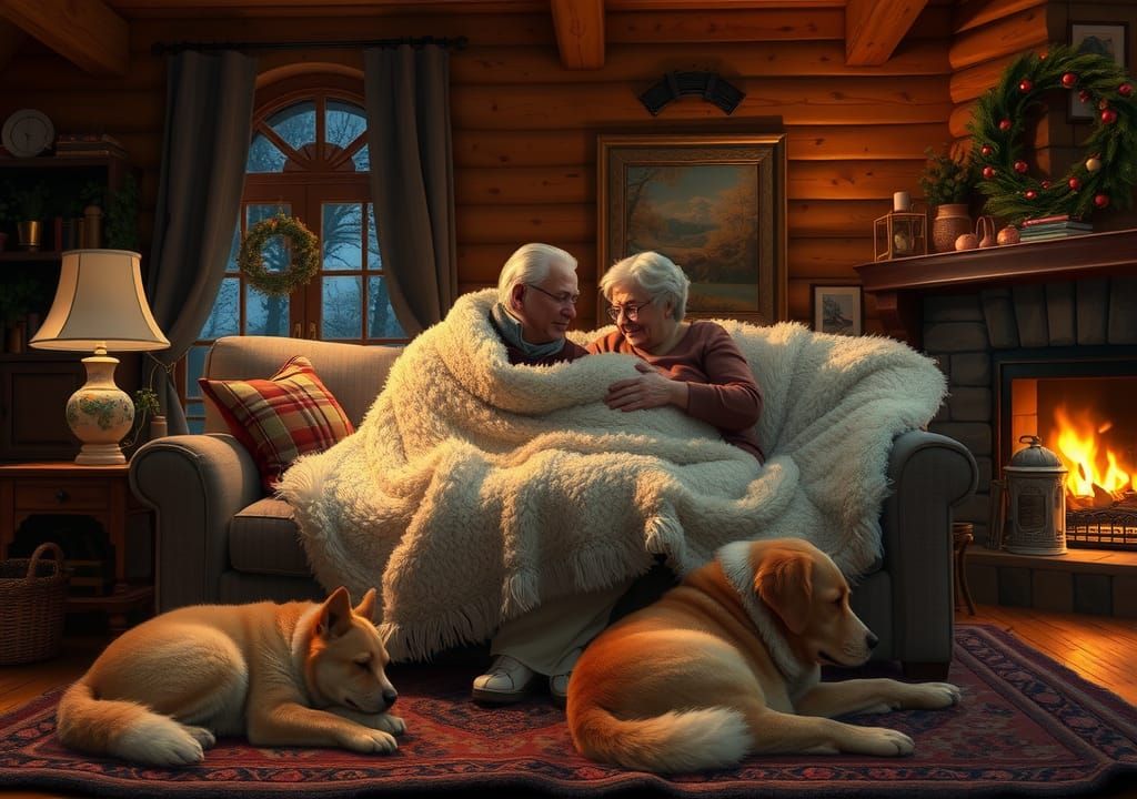 An older man and woman couple sitting cuddled together on a sofa under a large fluffy blanket, in the ...  by @AutumnBear