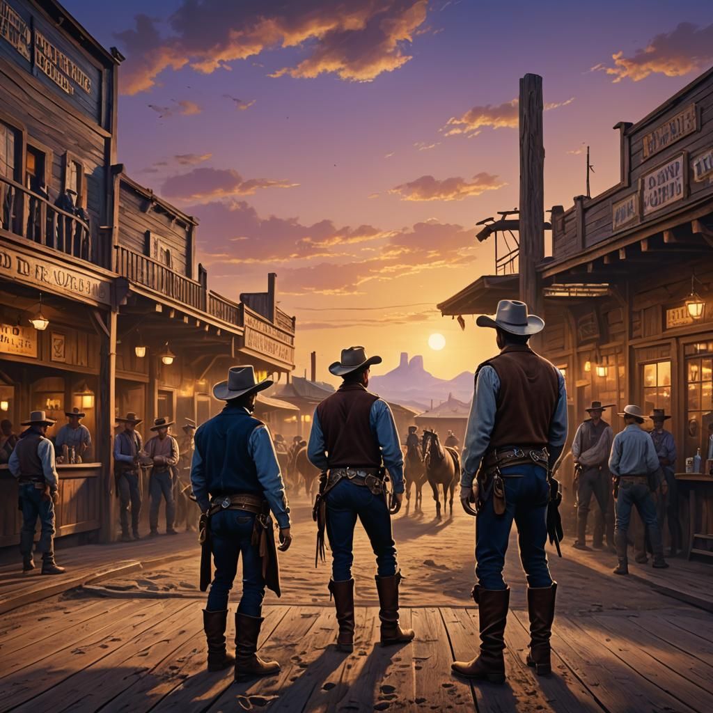 an old west show down at sunset with a bar full of people wa...