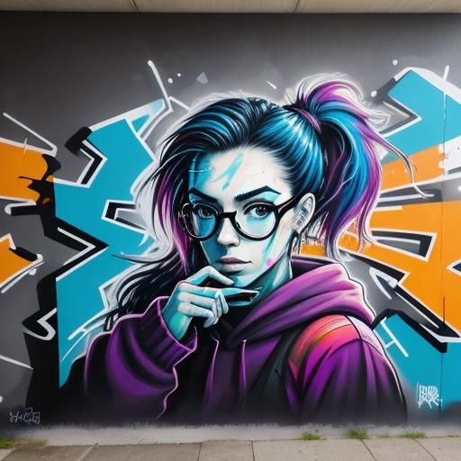 A girl wearing baggy jumper and glasses and a ponytail, holding books and moving forward graffiti art, splash art, street art, spray paint,...