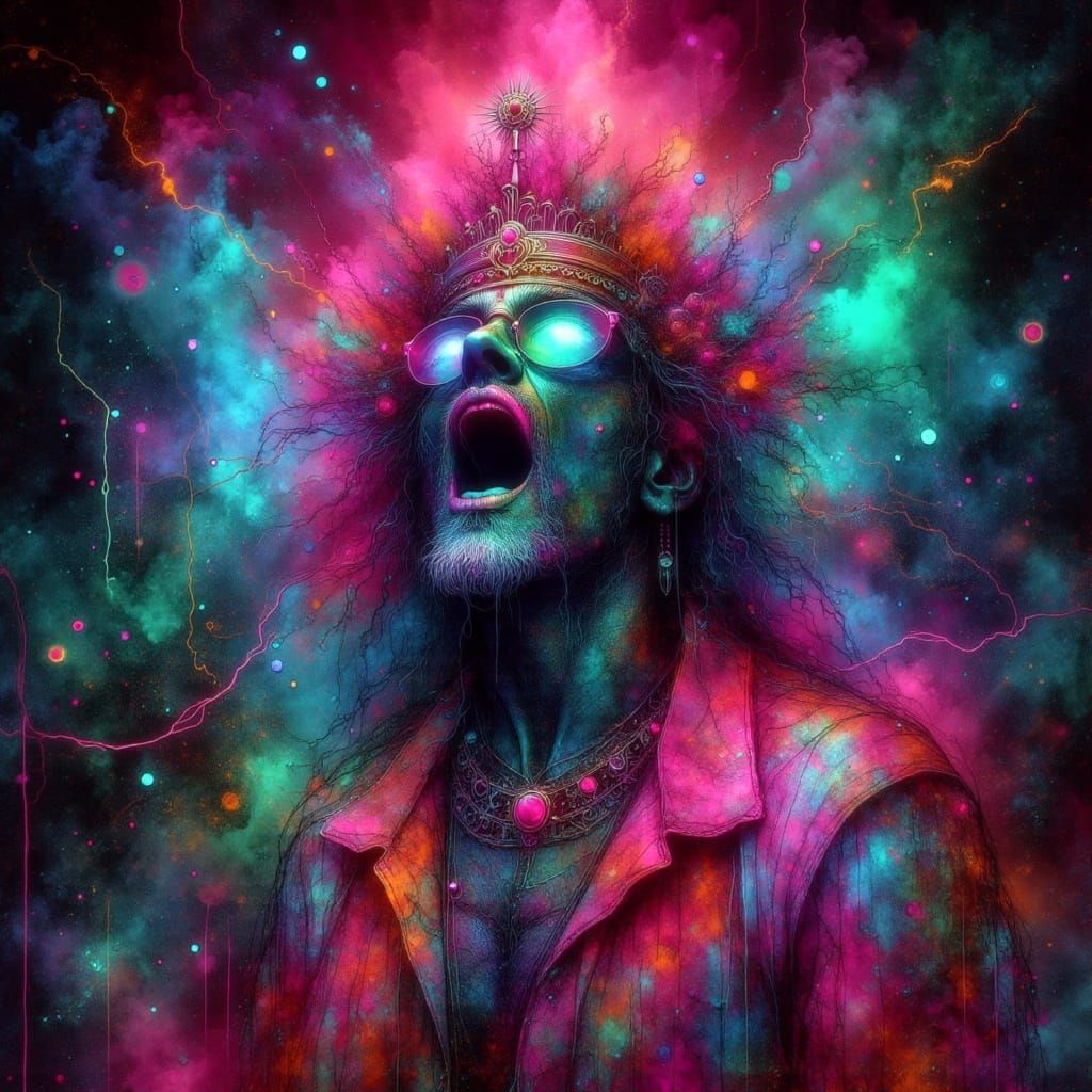 <lora:HRH-neon-grunge:1.0> An ancient figure reborn in neon hues, their prophetic visions displayed as shifting digital holograms amid a rui...