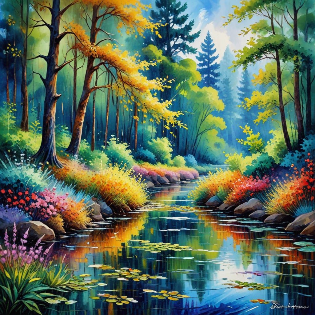 Draw me an elegant nature painting with luxurious watercolor colors of your choice.
  by @Hanaa