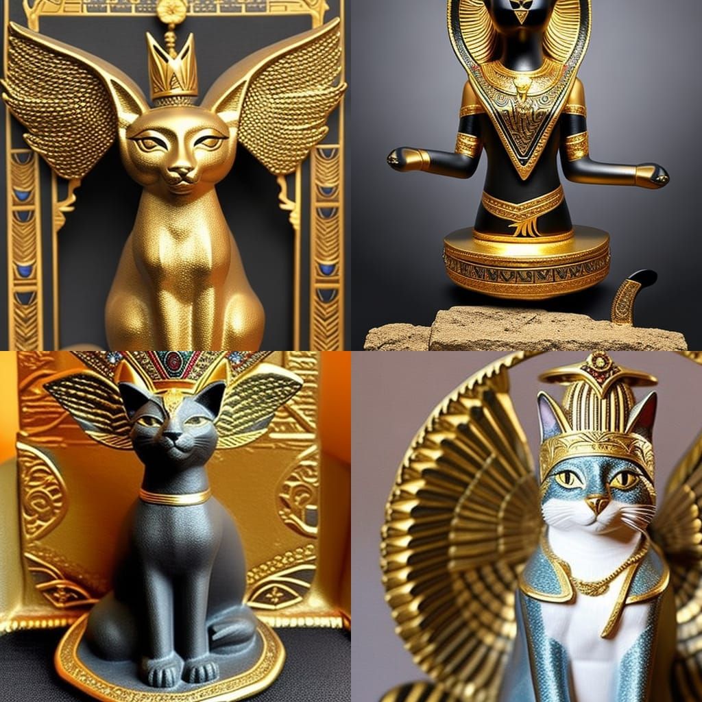 Bastet ancient Egyptian cat goddess, wearing a sun disc crown, with her ...