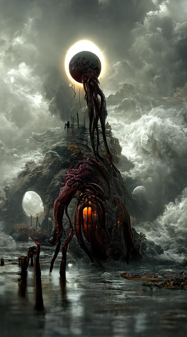 Eldritch Creature Emerges Under Blood Moon: Digital Art