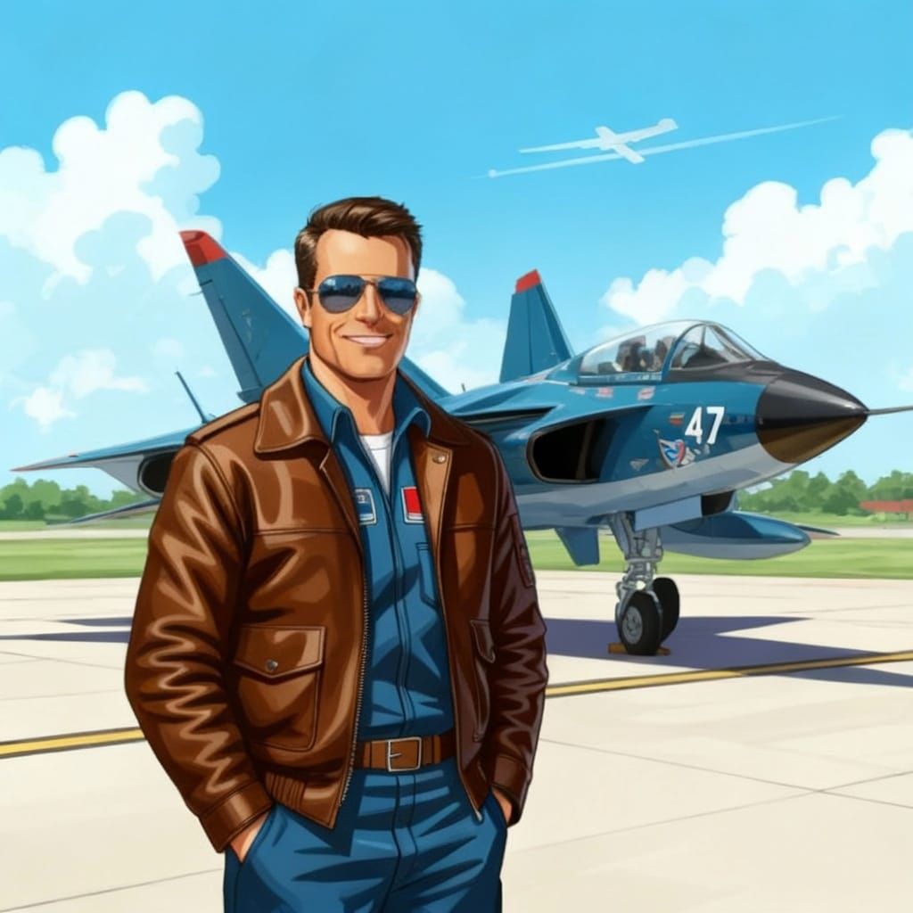 side view, illustration, hand-drawn, color, (perfectly sharp:1.3),A modern American test pilot, a man about 40 years old with short dark hai...