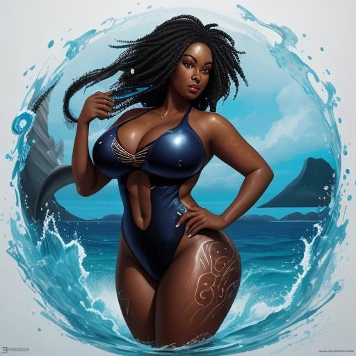 Woman Swimming with Dolphins in Digital Graffiti Art