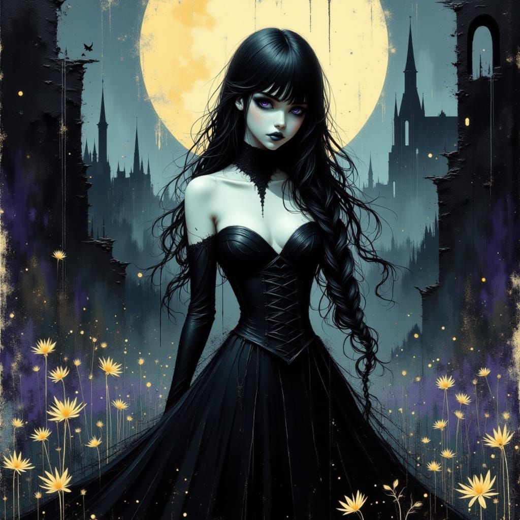 <lora:Moonchild Halloween:1.0> <lora:divineOil:1.0> <lora:Akimora:1.0> <lora:Fleur Apparition:1.0>  gothic picture that exudes mystery and i...