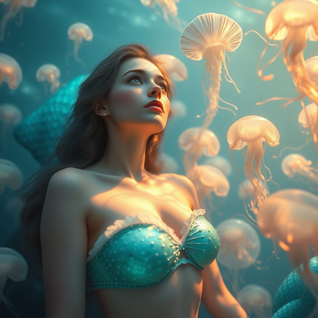 Ethereal Mermaid in Underwater Scene, Digital Art
