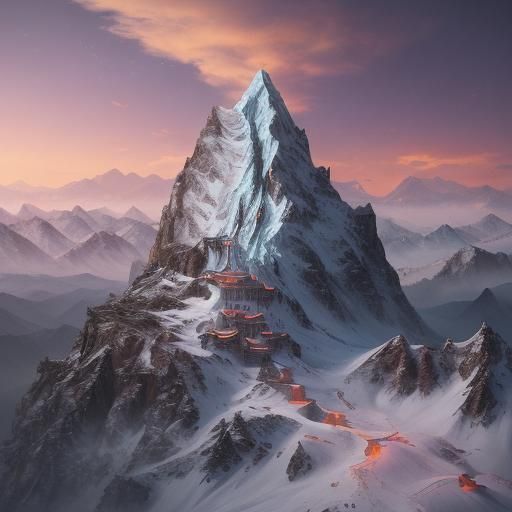 Mountaineers Ascend Snowy Peak at Sunset