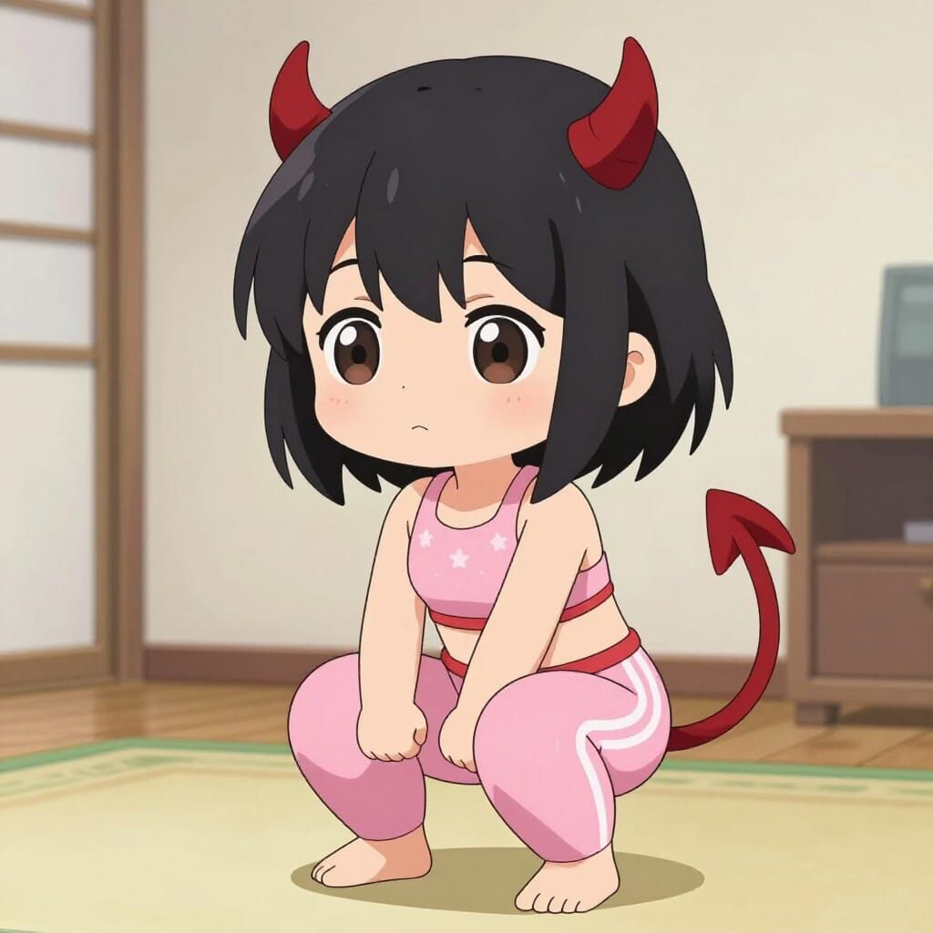Anime Chibi Demon Girl Doing Squats in Sakura Sportswear
