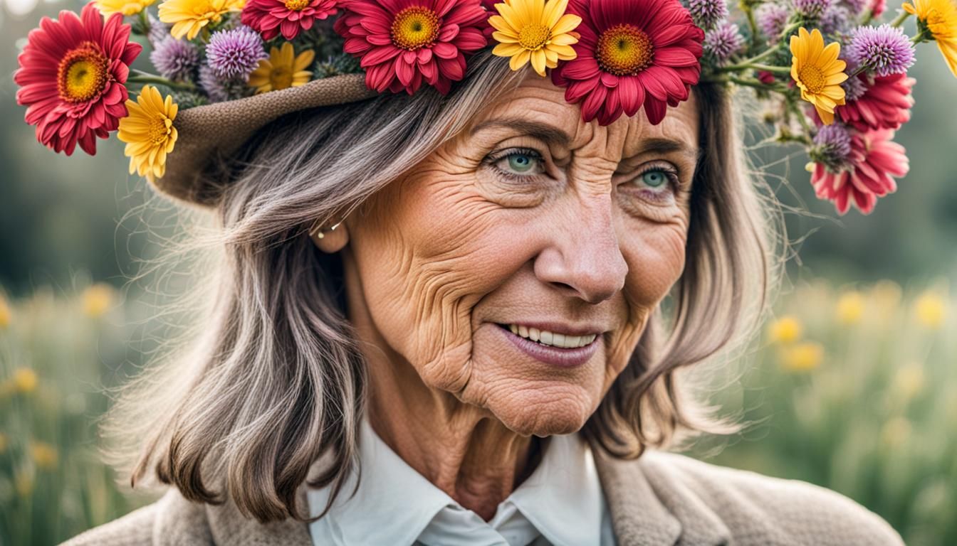Flowers around, middle age nice lady with freckles