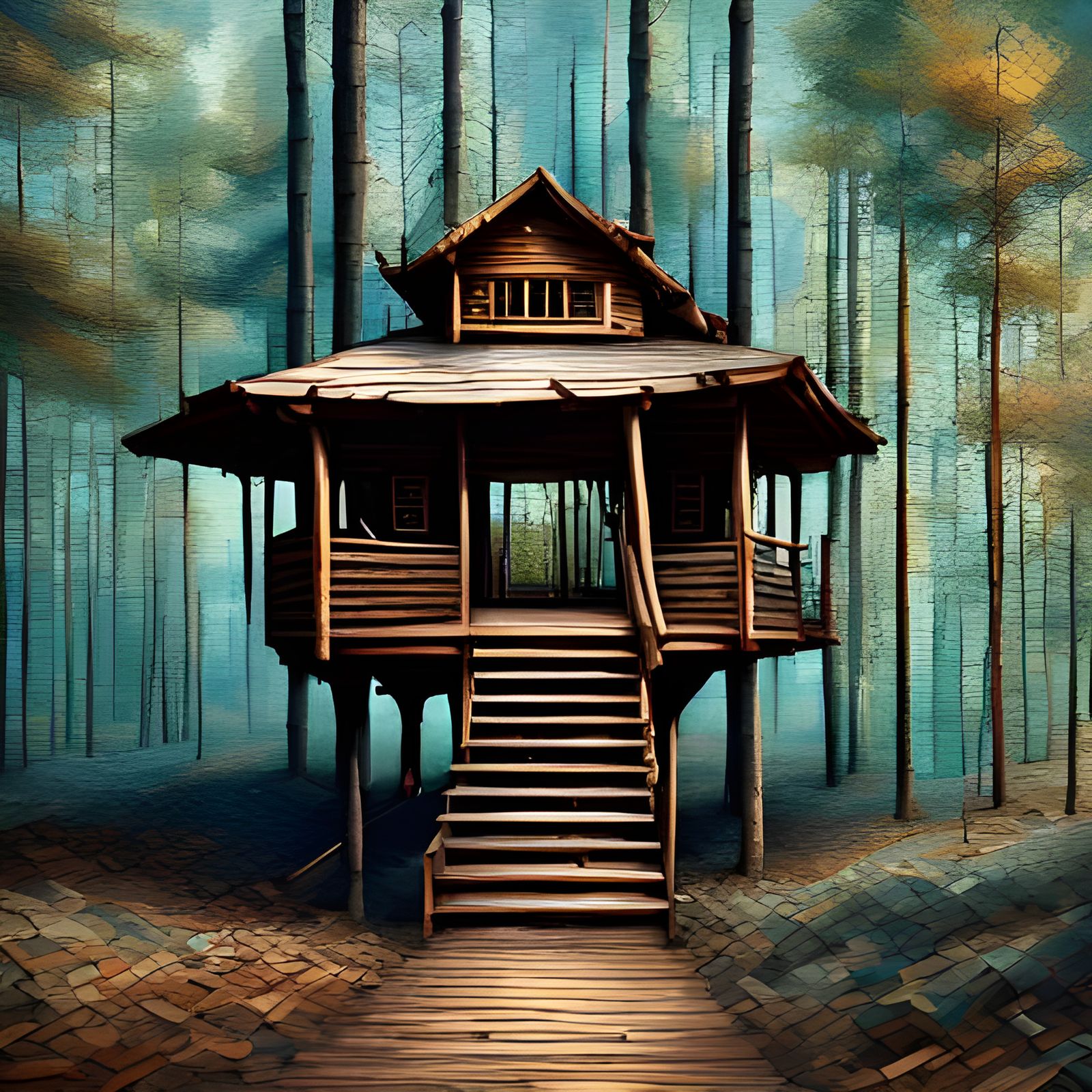 <lora:Splinter SD 1-5:1.0> textured treehouse, tree, 3D abstract spiral pattern, crosshatched 