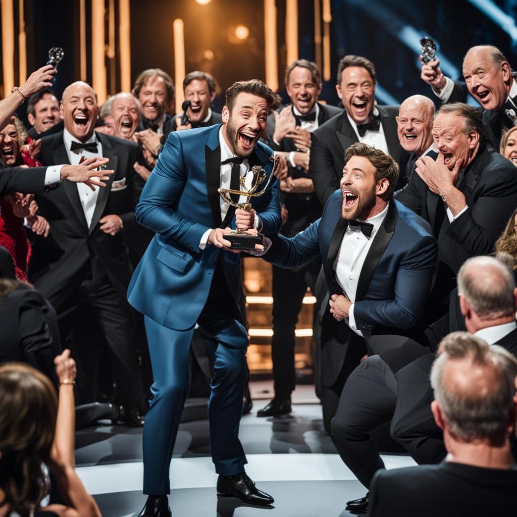 a vivid and hyper-realistic scene from an award show where something hilariously unexpected occurs on ...  by @Pamma