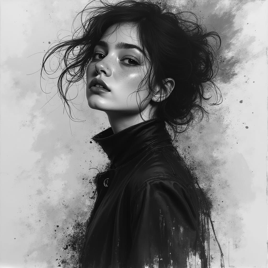 Naomi in a disheveled rough charcoal sketch with gold edging by Andrea Lie :: Jacek Szynkarczuk :: Jeremy Mann :: Agnes Cecile :: vibrant da...