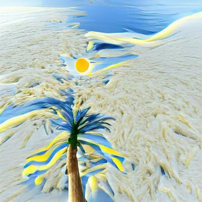 White Palm Tree. Yellow Sun. Blue water. 8K 3D