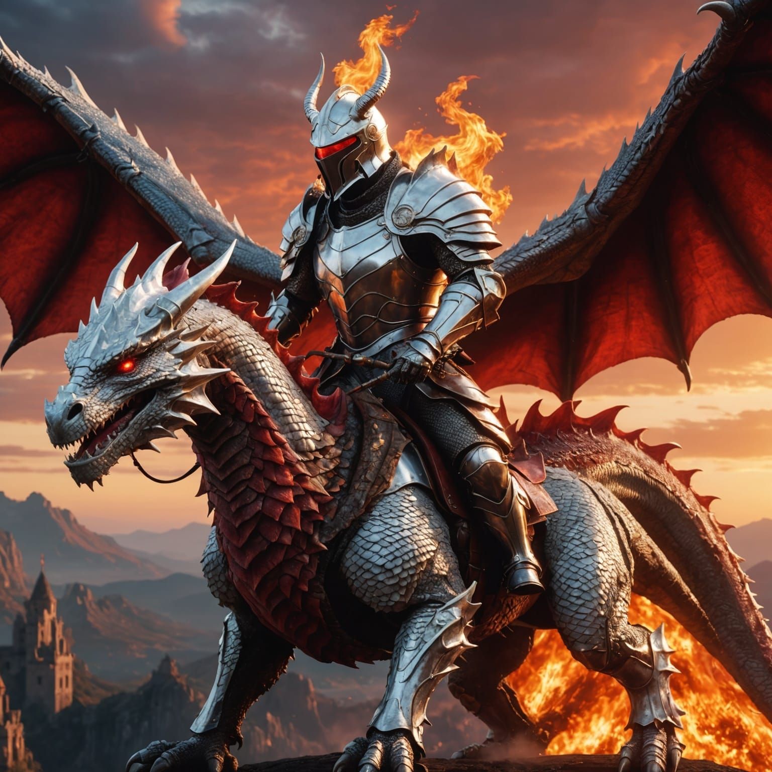 A photo of a majestic white knight with gleaming armor riding a scaly