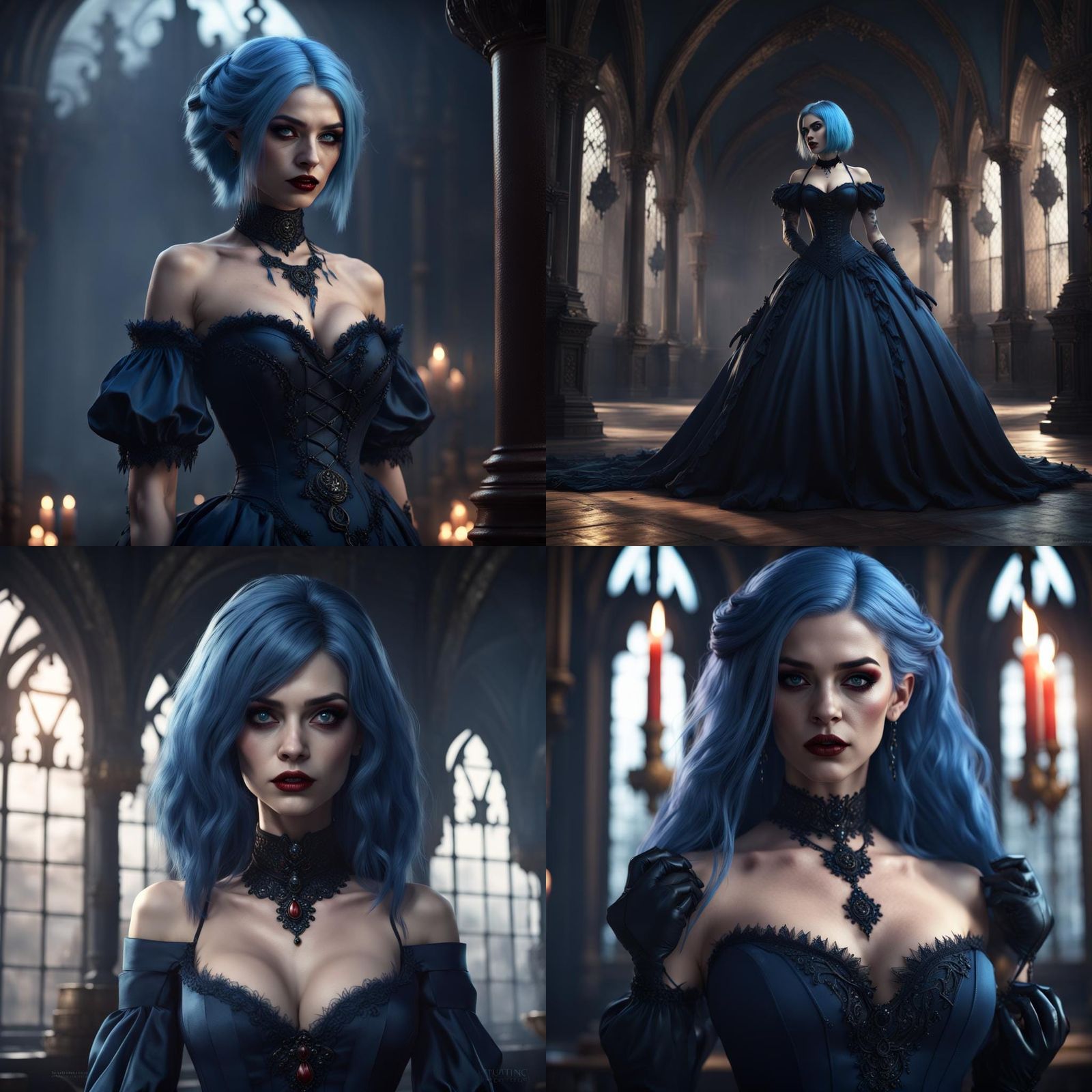 A blue haired vampire girl in a low cut navy blue gothic bal...