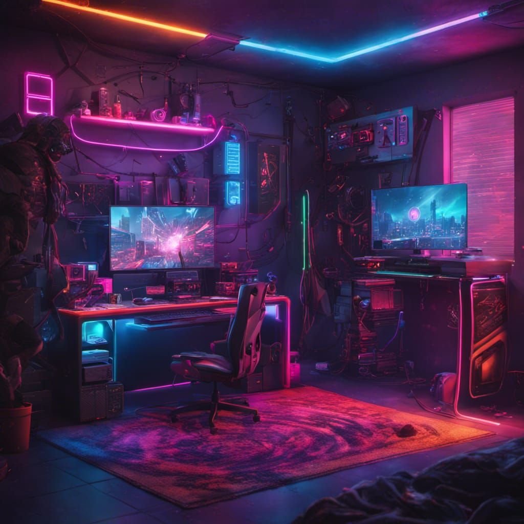 cyberpunk gaming setup bedroom with neons and colourful lights ...