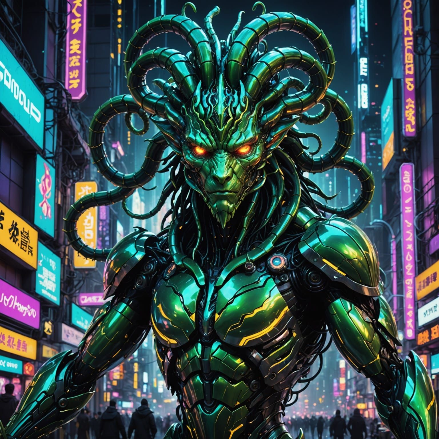 Cyberpunk Gorgon Unleashes Fury on Futuristic Metropolis