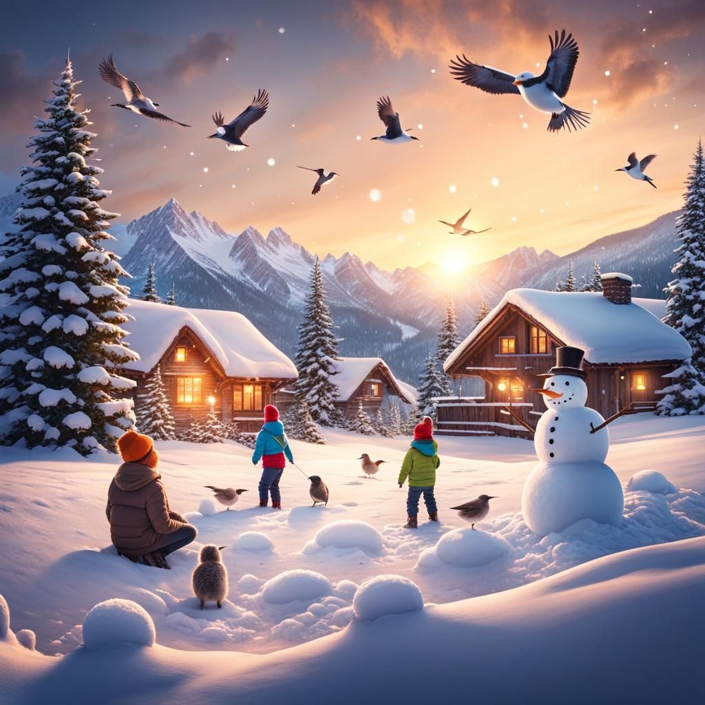 Cute Animal-Human Hybrids Play in Snowy Landscape