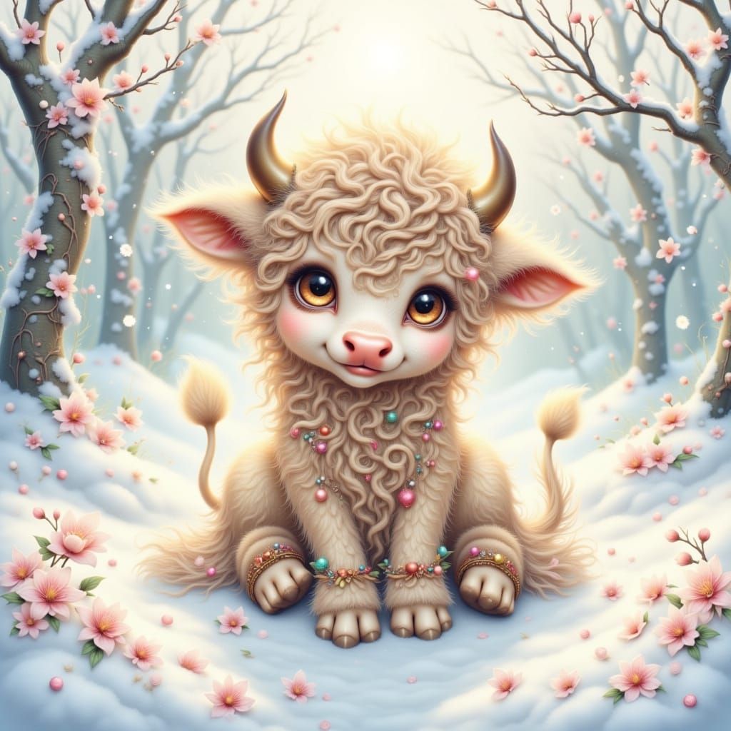 <lora:Japanese Culture:1.0> <lora:Bohemian Whimsy:1.0> A sweet, cute calf  with pretty curly fur on a snowy background,  with soft pastel co...