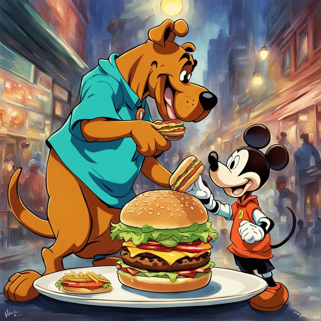 scooby doo eating a burger with mickey mouse - AI Generated Artwork ...