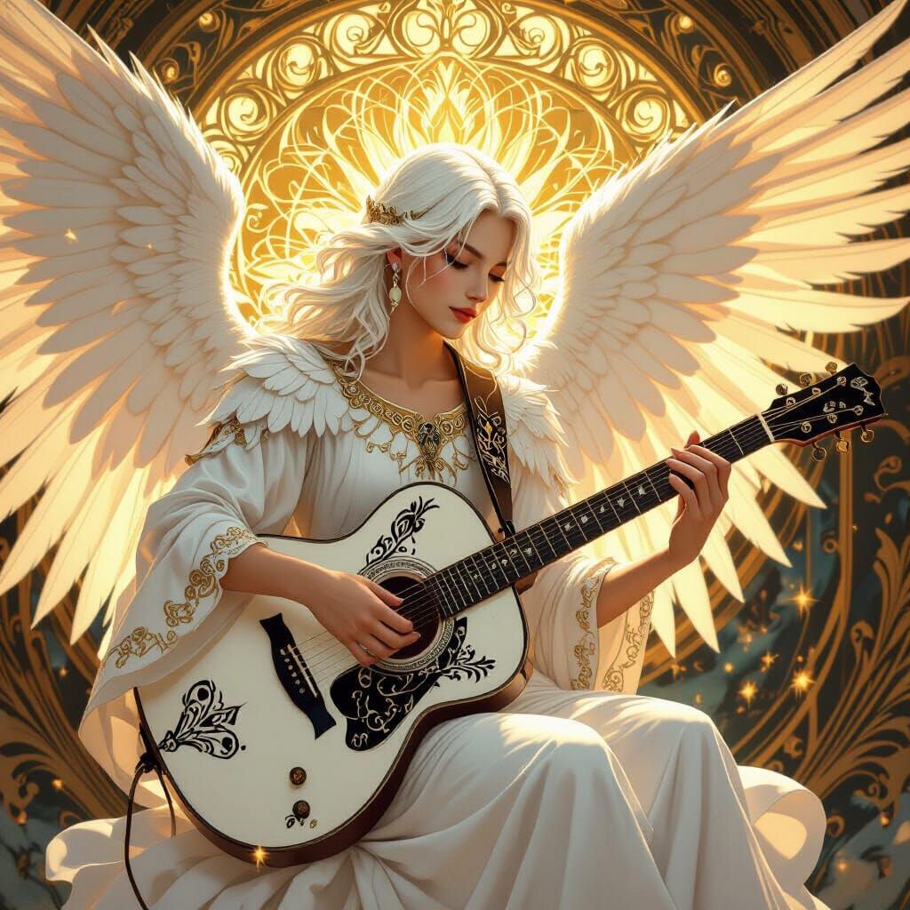 White haired angel with guitar that that is white with black patterns on it, playing it with golden coming off the music
