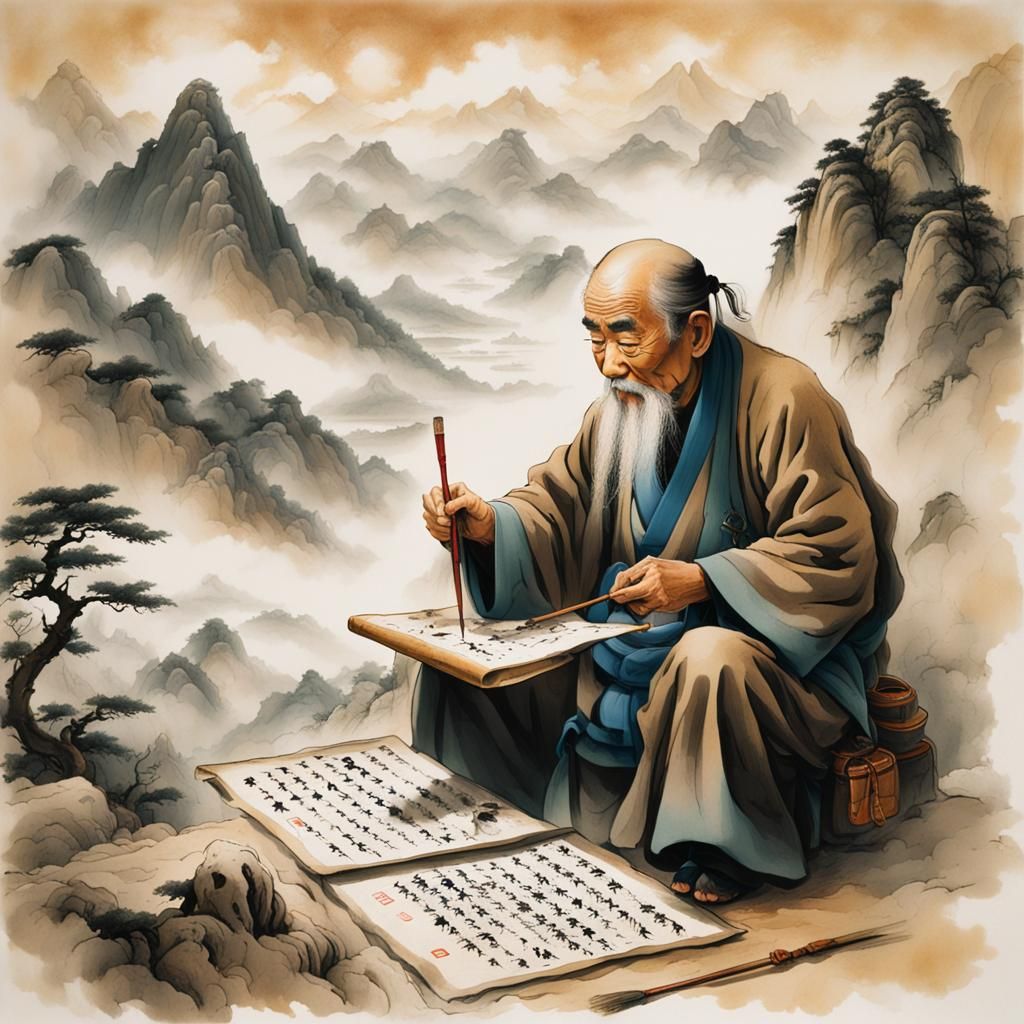 An old Chinese man writiting ideograms with ink and brush  by @BTMO